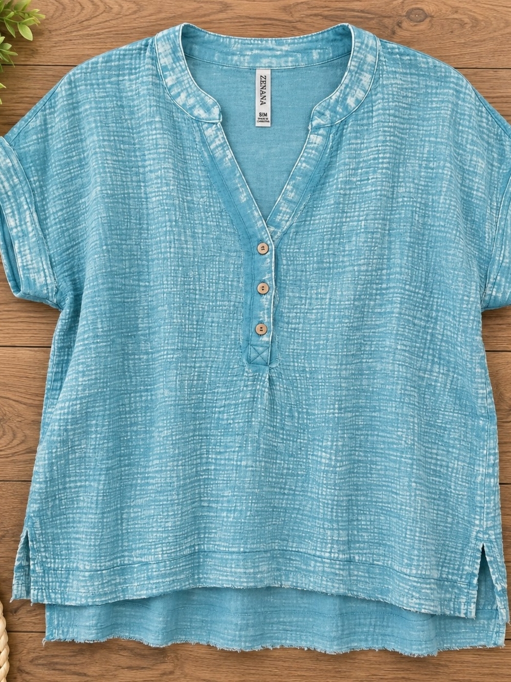 Zenana Outfitters Teal Washed Short-Sleeve Henley Tunic